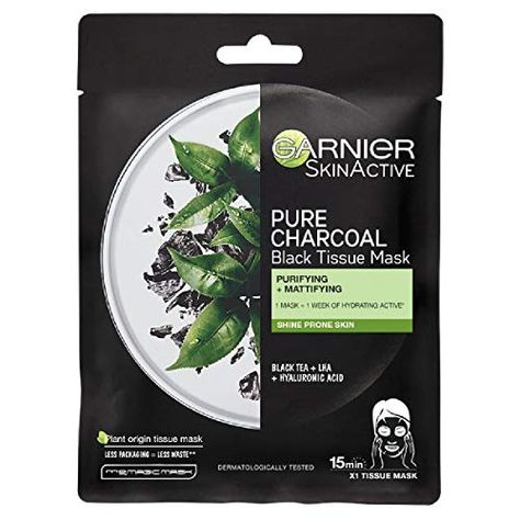 Garnier Charcoal and Black Tea Tissue Mask, Purifying and Hydrating Tissue Face Sheet Mask Shine Prone Skin 28 g Garnier Garnier Face Mask, Garnier Skin Care, Charcoal Face Mask, Hydrating Face Mask, Skin Shine, Garnier Skin Active, Face Sheet Mask, Charcoal Mask, Dehydrated Skin