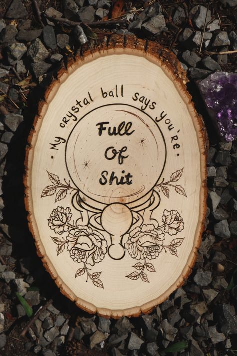 Witchy Woodburning Ideas, Pyrography Quotes, Things To Woodburn, Woodburning Art Christmas, Round Wood Burning Patterns, Wood Burning Ideas Halloween, Wood Burn Painting, Woodburned Gifts, Witchy Pyrography Ideas