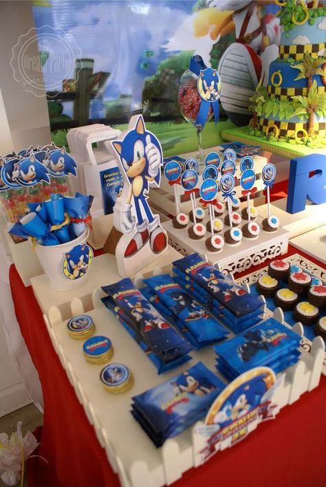 "SONIC" - 6 th Birthday Birthday Party Ideas | Photo 2 of 18 | Catch My Party Sonic Treat Table, Sonic Birthday Table Ideas, Super Sonic Party Ideas, Sonic Candy Table, Sonic Party Treats, Sonic Pool Party Ideas, Sonic Table Decoration, Sonic The Hedgehog Pool Party, Knuckles Birthday Party Ideas