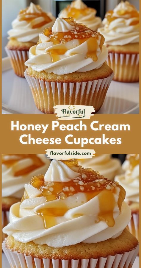 Moist peach cupcakes topped with sweet honey and cream cheese frosting. Recipes For Baking, Peaches Cream Cheese, Peach Cupcakes, Cream Cheese Cupcakes, Pop Cupcakes, Cream Cheese Muffins, Gourmet Cupcakes, Peach Cream, Cheese Muffins