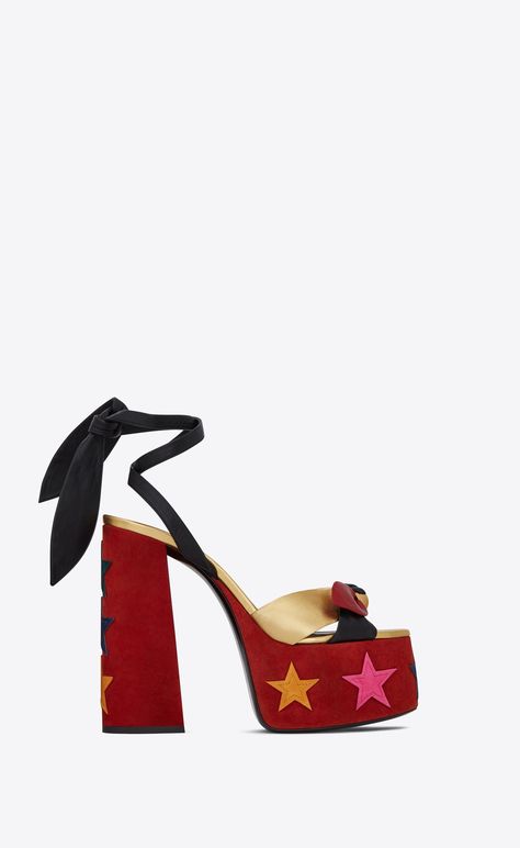 PAIGE sandals in suede with a patchwork of leather stars, Front view Elegant Chunky Heels, Shoes Elegant, Heels Gold, Chunky Heel Shoes, Five Pointed Star, 2022 Fashion, Womens Sandals Flat, Ankle Straps, Party Shoes