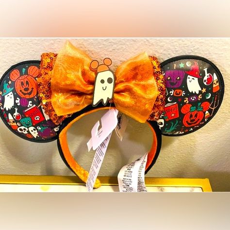 NWT Disney Parks Minnie Halloween Ghost Bow Ears Headband Dark Ghost, Mouse Halloween, Disney 2024, Minnie Mouse Halloween, Minnie Bow, Halloween Bows, Orange Bows, Mickey Mouse Ears, Ears Headband