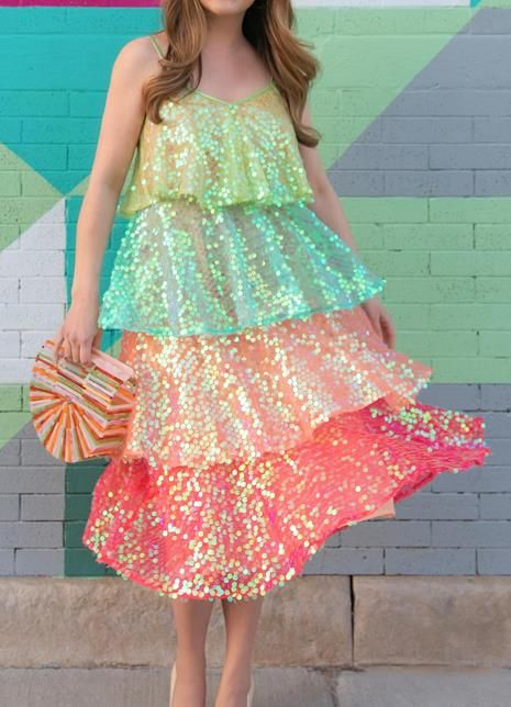 Pastel Rainbow Sequin Dress, Candy Aesthetic Outfit, Father Daughter Dance Dresses, Rainbow Dresses, Lit Outfits, Rainbow Outfit, Rainbow Fashion, Clothes Crafts, Colourful Outfits