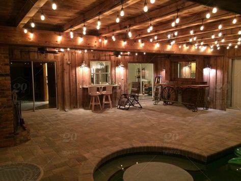 Basement Light Fixtures, Cute Basement, String Lights Living Room, Basement Lighting Ideas, Canned Lighting, Exposed Basement Ceiling, Edison Bulb String Lights, Recess Lighting, Pole Barn Garage