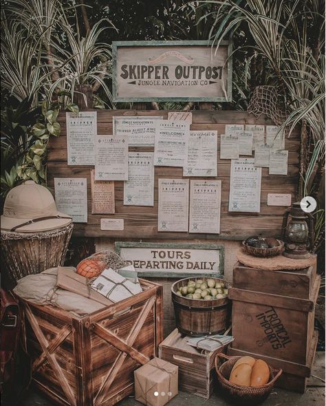 Saw this on an Instagram and thought it was a kool idea. (Not my photo) Vintage Safari Photos, Explorer Party Theme, Jungle Cruise Decorations, Vintage Safari Aesthetic, Jungle Cruise Vbs, Adventure Decorations, Safari Aesthetic, Cruise Theme, Vintage Explorer