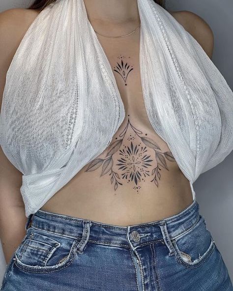 Sternum And Rib Tattoo, Sternum Tattoos For Big Chested Women, Sternum Tattoo Ornamental, Ornamental Underboob Tattoo, Sternum Stomach Tattoo, Sternum Ornamental Tattoo, Ornamental Sternum Tattoo, Underboob Tattoos, Sternum Tattoos