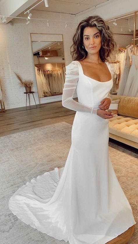 Wedding Dress Square Neckline, Square Neckline Wedding Dress, Neckline Wedding Dress, Handmade Wedding Dresses, Backless Wedding, Sheer Long Sleeve, Long Evening Gowns, Fitted Wedding Dress, Sleeve Wedding Dress