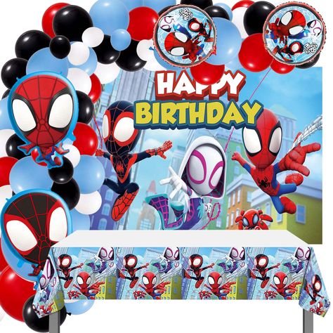 PRICES MAY VARY. [Package Include]: 30pcs latex balloons (12 in), 40pcs latex balloons (10 in), 30pcs latex balloons (5 in), 1 pcs roll glue dots, 1pcs Backdrop (39.3×59in), 1pcs Tablecloth (70.8×42.5in), 4pcs foil balloons [Easy to Assemble]: The balloons need to be inflated and then arranged where you want them to be decorated, a well-arranged party is sure to be praised by guests [High quality]: Foil balloons are colorful, not easy to break, good air tightness, latex balloons are made of natu Spidy Birthday Theme, Spidey And His Amazing Friends Birthday Deco, Spidey And Friends Birthday Party, Spidey Birthday, Spidey Birthday Party, Spidey And His Amazing Friends Birthday, Spiderman Birthday Party Decorations, Spider Theme, Baby Spiderman