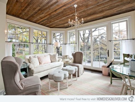 Reclaimed wood ceiling. Hide that old popcorn ceiling! Please! Nobody wants to see that. Reclaimed Wood Ceiling, Wooden Ceiling Design, Four Seasons Room, Barn Living, Sunroom Designs, Wood Ceiling, Wooden Ceilings, Living Room Ceiling, Up House