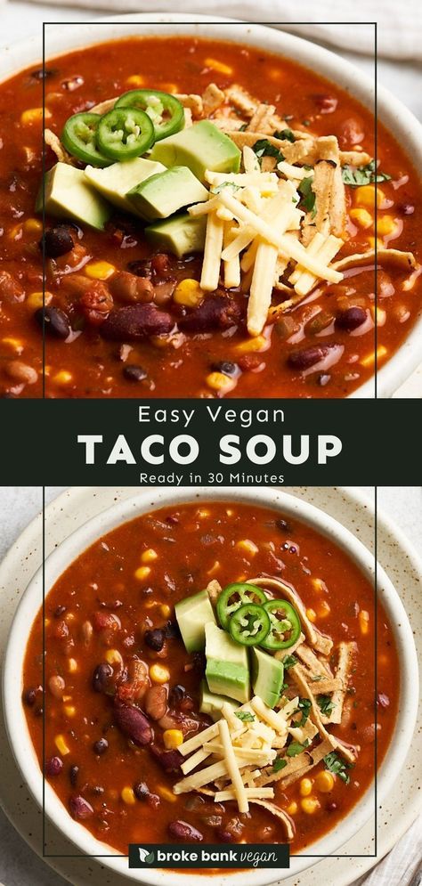 This comforting vegan taco soup comes together in one pot and is ready in 30 minutes! Packed with three kinds of beans and a few other pantry staples, it’s unbelievably satisfying while being light on the wallet. Serve it with garnishes like tortilla strips, fresh herbs, and lime for an easy yet flavor-packed meal. #tacosoup #vegantacosoup #vegansoup Easy Vegan Taco Soup, Plant Based Taco Soup, Vegan Taco Soup Recipe, Veggie Taco Soup, Meatless Taco Soup, Vegetarian Taco Soup, Taco Soup Vegetarian, Lentil Taco Soup, Burrito Soup