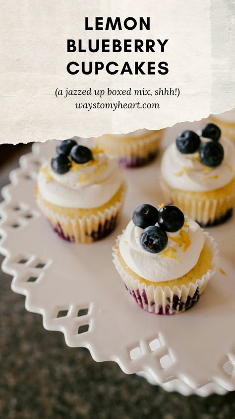 White Cake Mix And Blueberries, Blueberry Cupcakes From Box Cake, Cupcakes Using White Box Cake, Lemon Blueberry Box Cake, Cupcakes With White Cake Mix Boxes, Cupcake Recipes Box Cake Mixes, White Cake Box Recipes, Lemon Blueberry Cupcakes From Box Cake, Bakery Cupcakes From Box Cake Mixes