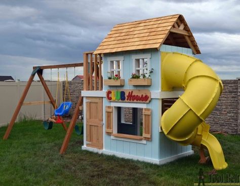 DIY Clubhouse Play Set - Her Tool Belt Diy Playhouse Plans, Playset Plans, Swing Set Plans, Swing Set Diy, Backyard Playset, Diy Swing, Play Area Backyard, Diy Playhouse, Backyard Playhouse