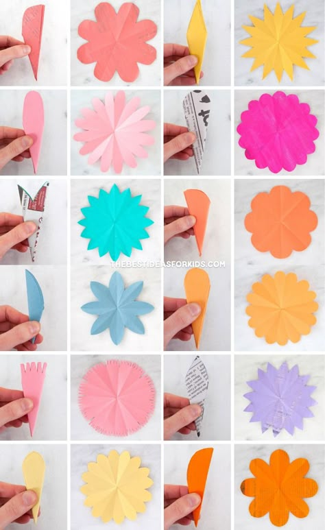 How to Make Folded Paper Flowers - an easy tutorial for folding and cutting your own paper flowers! Flower Construction Paper, Unique Activities For Adults, Paper Flowers Diy Easy Step By Step, Paper Flowers Craft Easy Step By Step, Construction Paper Flowers Easy, Large Paper Flowers Diy Easy, Construction Paper Crafts For Toddlers, Paper Crafts For Toddlers, Simple Paper Crafts For Kids