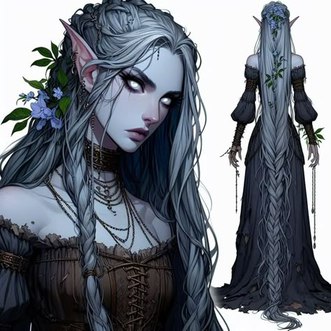 Moon Elf Female Dnd Druid, Modern Elf Aesthetic, Character Design Long Hair, Drow Goddess, Dark Elf Druid, Female Drow Dnd, D And D Characters, Dnd Character Design Female Elf, Dnd Drow Female