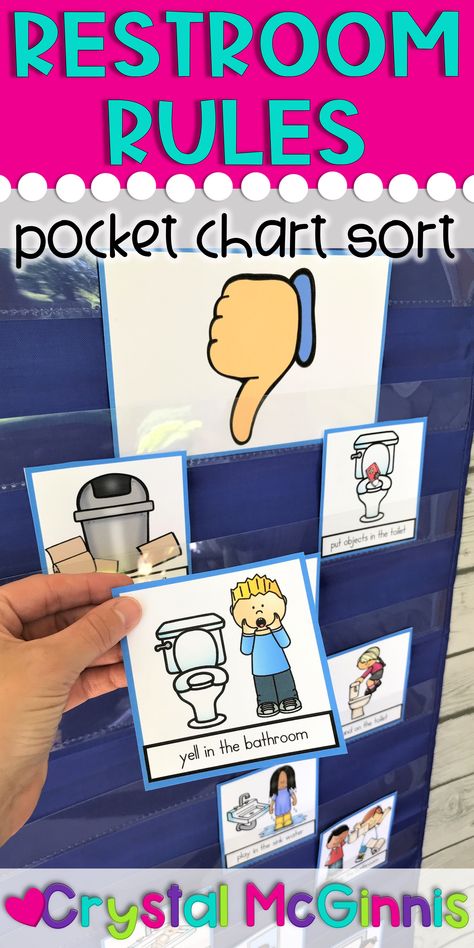 Restroom Rules Pocket Chart Sorting Activity Beginning of School Activity. Students sort good bathroom choices and sad bathroom choices in a pocket chart. They then follow up by completing an independent practice activity. This would be perfect for the first day of school. Create a display for the bathroom school rules. Preschool, Kindergarten, First Grade, Second Grade First Preschool Day, Rules Preschool Activities, Bathroom Expectations At School, First Grade Bathroom Management, Classroom Rules Activities For Preschool, Beginning Of School Kindergarten, Preschool 1st Day Of School Activities, Preschool Rules Activities, First Grade First Week Of School