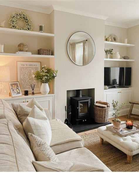 Alcove Ideas Living Room, Log Burner Living Room, Alcove Ideas, Lounge Room Styling, Small Lounge, Built In Shelves Living Room, Victorian Living Room, Living Room Renovation, Room Styling