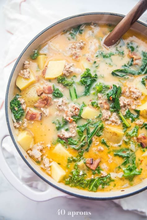 Healthy Zuppa Toscana, Olive Garden Soup, Whole30 Soup, Kale Sausage, Whole30 Soup Recipes, Sausage And Bacon, Soup Italian, Garden Soup, Zuppa Toscana Soup