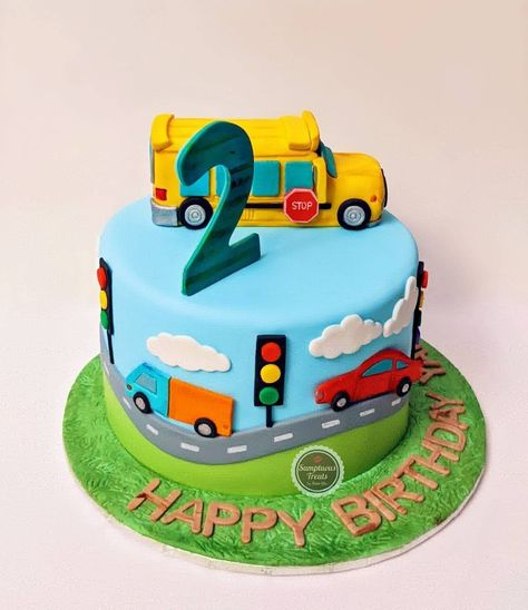 Transportation Theme Cake #transportationthemecake #carsandbuses #carthemecake #boystoys #trafficcake #schoolbus #schoolbus #transportation #buscaketopper #fondantcakes #customcakesforkids #kidscakes #cakesforboys #boysbirthdaycakes www.instagram.com/sumptuoustreats Transportation Themed Cake, Transportation Theme Birthday Cake, Transportation Birthday Party Cake, 2nd Birthday Cake For Boy, Baby Boy Birthday Cake 2nd, Birthday Cake For Boys 2nd, Second Birthday Cake Boy, Transportation Cakes For Boys, Transport Theme Cake