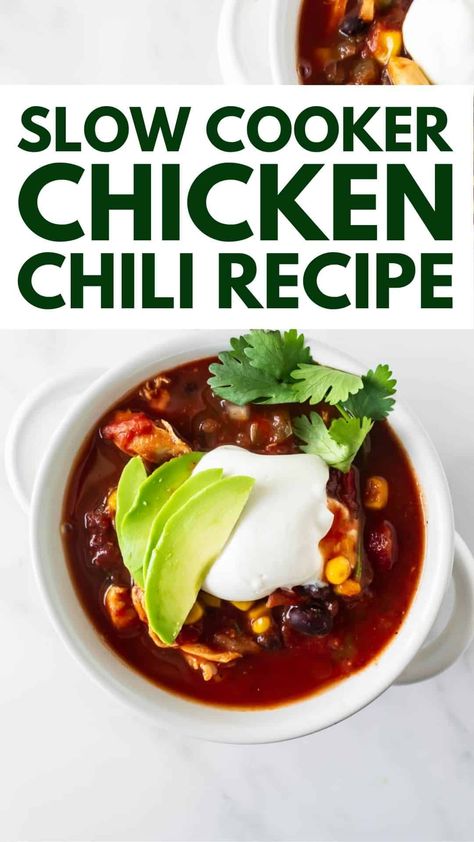 This simple slow cooker chicken chili recipe is as hearty, satisfying and delicious as it looks! After some chopping, let the slow cooker do the work for you. There's no pre-cooking for this slow cooker chicken chili– a true "set and forget it" meal! #chickenchili #slowcookerchickenchili Red Chicken Chili, Simple Slow Cooker Chicken, Slow Cooker Chicken Chili Recipe, Slow Cooker Chicken Thighs, Slow Cooker Chicken Chili, Red Chicken, Chicken Chili Recipe, Slow Cooker Chili, One Pan Meals