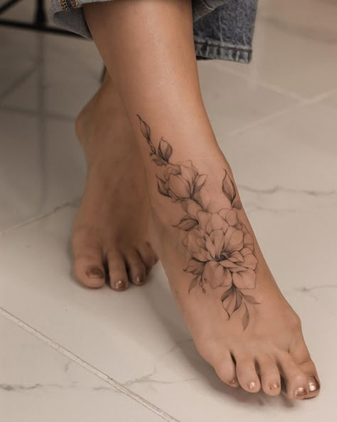 Flower Feet Tattoos For Women, Front Foot Tattoo, Hibiscus Foot Tattoo, Peony Foot Tattoo, Cherry Blossom Foot Tattoo, Fine Line Ankle Tattoos For Women, Flower Anklet Tattoos, Tattoo Foot Woman, Floral Foot Tattoos For Women