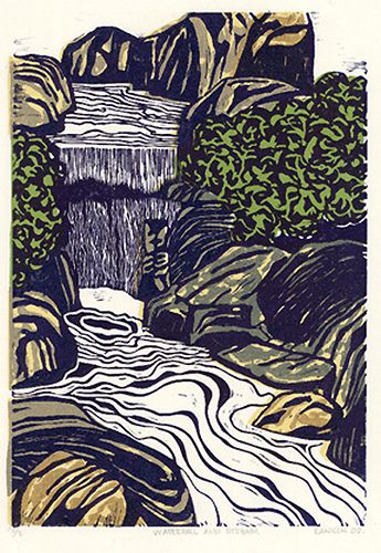 Waterfall & Stream Linocut Print | Sold out. My second print… | Flickr Waterfall Drawing, Bigfoot Art, Woodcut Art, Lino Art, Linocut Art, Chalk Pastels, Wood Engraving, Elements Of Art, Lino Print