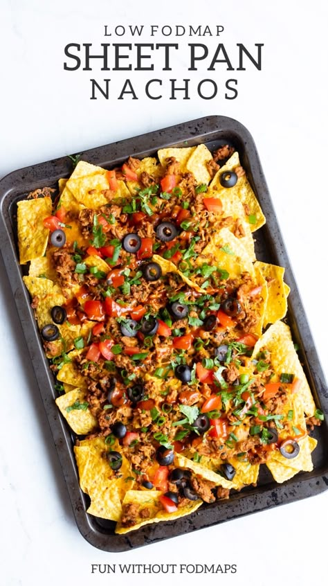 Easy Low FODMAP Sheet Pan Nachos - my take on the popular Tex-Mex appetizer filled with crunchy tortilla chips, tasty taco meat, melty cheese, and all the FODMAP-friendly toppings. | More easy low FODMAP recipes at funwithoutfodmaps.com | #lowfodmap #nachos #sheetpan #glutenfree #sheetpannachos #turkey Easy Low Fodmap, Sheet Pan Nachos, Fodmap Recipes Dinner, Pan Nachos, Low Fodmap Recipes Dinner, Fodmap Meal Plan, Low Fodmap Snacks, Fodmap Snacks, Nachos Recipe Easy