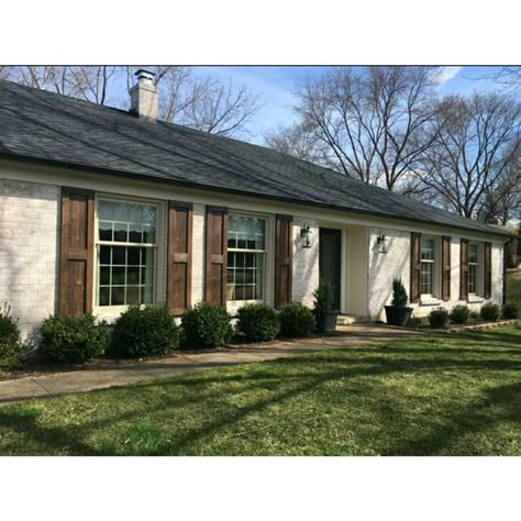 White Brick House, Wood Shutters Exterior, Ranch Renovation, Painted Bricks, Cedar Shutters, Painted Brick House, Ranch House Exterior, Flip Ideas, House Shutters