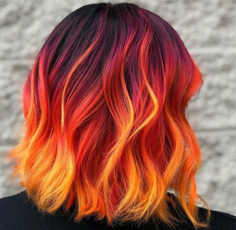 Fire Ombre Hair, Fire Hair Color, Sunset Hair Color, Red Orange Hair, Vivid Hair, Sunset Hair, Pulp Riot Hair Color, Fire Hair, Vivid Hair Color