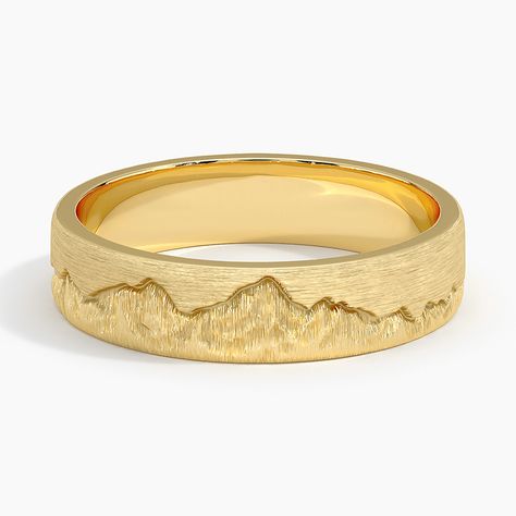 Men's 18K Yellow Gold Everest 5mm Wedding Ring. A breathtaking landscape of Mount Everest adorns a brushed-matte band in this unique, nature-inspired wedding ring.  As a Brilliant Pick, this piece displays the best and brightest in fashion and design and is beloved by Brilliant Earth designers and customers alike. Nature Inspired Wedding Ring, Mens Diamond Band, Nature Inspired Wedding, Mens Gold Wedding Band, Wedding Anniversary Rings, Men's Wedding Ring, White Gold Wedding Rings, Fashion And Design, Brilliant Earth