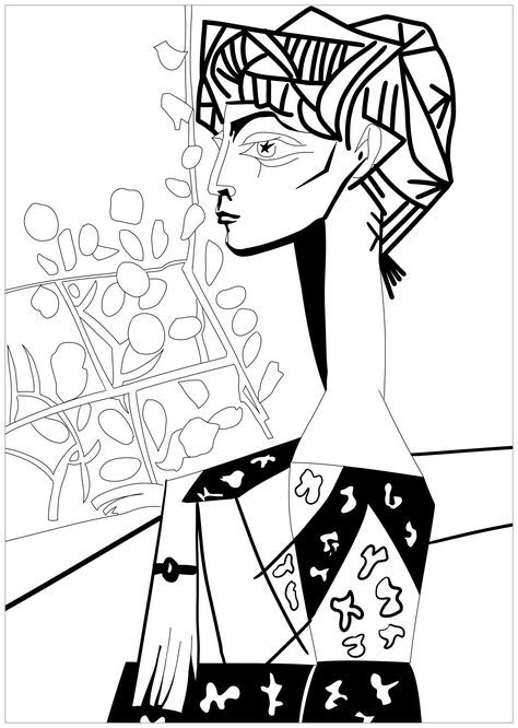 Coloring page inspired by a master piece by Pablo Picasso : Jacqueline with Flowers, Artist : JiM Coloring Canvas, Art Picasso, Pablo Picasso Paintings, Picasso Paintings, Picasso Art, History Painting, Pablo Picasso, Artist Canvas, Modern Art Abstract