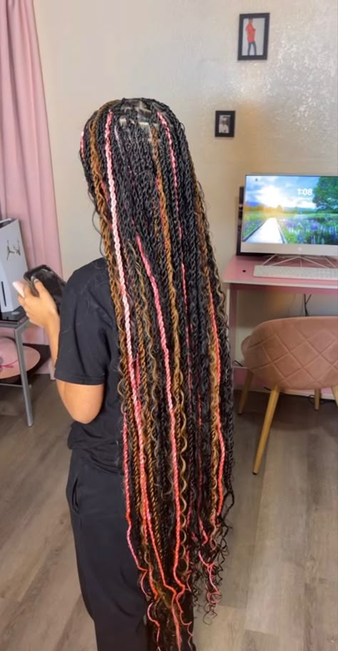 Cute Baddie Hairstyles Braids, Black Pink And Brown Braids, Long Twist Braids Hairstyles With Color, Boho Twist With Color, Pink Black And Brown Braids, Pretty Hairstyles Braids, Brown And Pink Island Twist, Twist Braids Hairstyles With Color, Long Passion Twists Hairstyle With Color