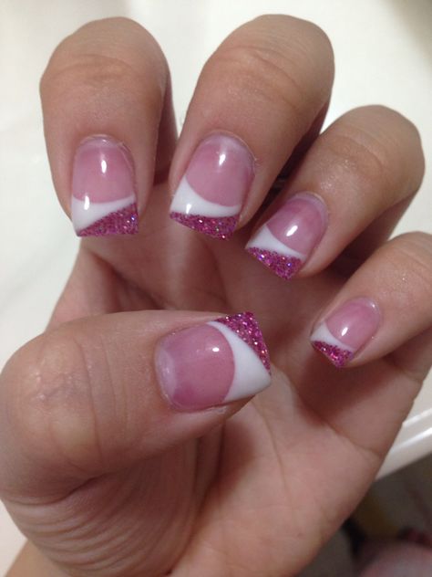 Color Glitter French Tip Nails, Low Maintenance Acrylic Nails, Cute French Tip Nails Designs Short, Pink French Tip Nails Glitter Line, Short Classy Nails Acrylic Square, Pink On Pink Short French Tip, French Tips With Pink Base, Pink French Tip Nails With Heart On Ring Finger, Nail Ideas French Tips