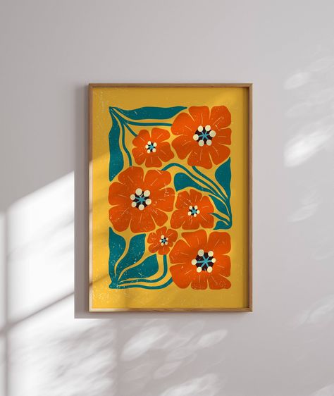 Retro aesthetic flower illustration poster that features Matisse-inspired flowers, perfect for brightening up any space, be it your living room, bedroom, office, or anywhere else. Available in three lovely colors, you can choose from the bold and eye-catching yellow, the versatile and neutral beige, or the earthy and moody brown.  This print also makes a thoughtful and unique gift for your friend for a special event like Christmas, birthday, or housewarming.  MORE RETRO FLORAL PRINTS: https://www.etsy.com/shop/SomaPrintsArt?section_id=42881693 NOTE: Please specify on the personalization section if you want a white border around your print. If left blank, the print will be borderless. PRODUCT DETAILS: ♡ Printed on thick, durable and long-lasting museum-quality poster paper ♡ Smooth (uncoate 1970s Wall Art, Funky Art Painting Inspiration, 70s Prints, Rug Tuft, Garage Mural, Funky Artwork, Groovy Wall Art, 70s Wall Art, Matisse Art Print