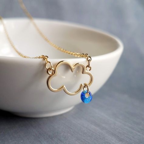 Raindrop Necklace Jewelry, Clouds Necklace, Rain Necklace, Raincloud Necklace, Cloud Outline, Rain Cloud Earrings, Blue Pendant Necklace, Jewelry Product Shots, Pretty Jewelry Necklaces