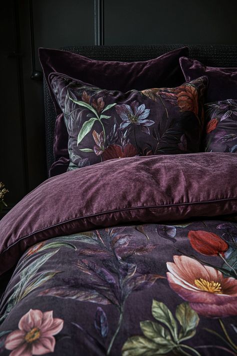 13 Dark Purple Bedroom Designs To Enhance Your Space - DreamyHomeStyle Dark Velvet Bedroom, Purple Curtains Bedroom Room Ideas, Green And Lavender Bedding, Eclectic Purple Bedroom, Dark Purple Pillows, Berry Colored Bedroom, Purple Blue And Green Bedroom Ideas, Plum Room Decor, Olive Green And Plum Bedroom