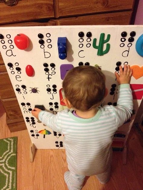 A tactile braille alphabet board! Activities For Blind Children, Braille Activities, Braille Literacy, Braille Alphabet, Tactile Activities, Alphabet Board, Tactile Learning, Visual Impairment, Low Vision