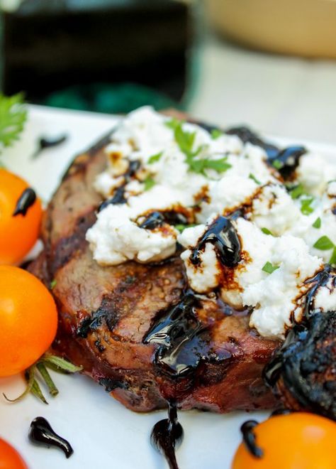 Goat Cheese Steak with Balsamic Glaze |  TheFoodCharlatan // This tender steak is smothered with goat cheese and a balsamic glaze. Heaven! Balsamic Glaze Recipes, The Food Charlatan, Goat Cheese Recipes, Cheese Steak, Food Charlatan, Strip Steak, Healthy Low Carb Recipes, Grilled Steak, Balsamic Glaze