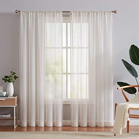 Fmfunctex Flax Linen Sheer Curtains 84-inch Long Living Room Vintage Window Panel Drapes for Farmhouse Bedroom Rod Pocket, Natural, 52" Width, 2 Panels Linen Sheer Curtains, Living Room Retro, Long Living Room, Beige Curtains, Sheer Linen Curtains, Window Sheers, Double Rod Curtains, White Sheer Curtains, Farmhouse Curtains