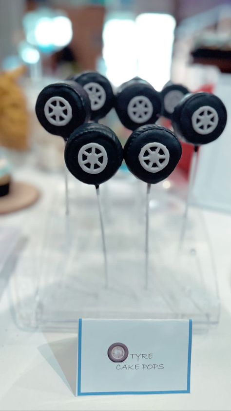 Race Car Themed Cake Pops, Racing Cake Pops, Car Theme Cake Pops, Two Fast Desserts, Tire Cake Pops, Two Fast Birthday Treats, Motorcycle Birthday Theme, Race Car Cupcakes Ideas, Race Car Cake Pops