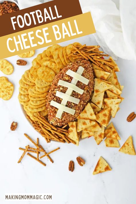 This easy Football Cheese Ball recipe is delicious, and perfect for game day! Football Cheeseball, Football Cheese Ball, Football Appetizers Easy, Superbowl Party Appetizers, Cream Cheese Ball, Bacon Roll, Cheese Ball Recipe, Mini Bagels, Fun Money