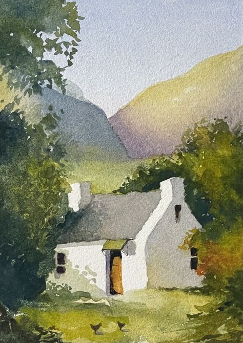 Watercolour by Nicola Wilkinson Watercolour Cottage Painting, Cottage Painting Easy, Water Colour Art Landscape, Watercolour Inspiration Landscape, Watercolour Landscape Easy, Acrylic Landscape Paintings Easy, Watercolor Landscape Easy, Watercolour Art Landscape, Watercolour Cottage