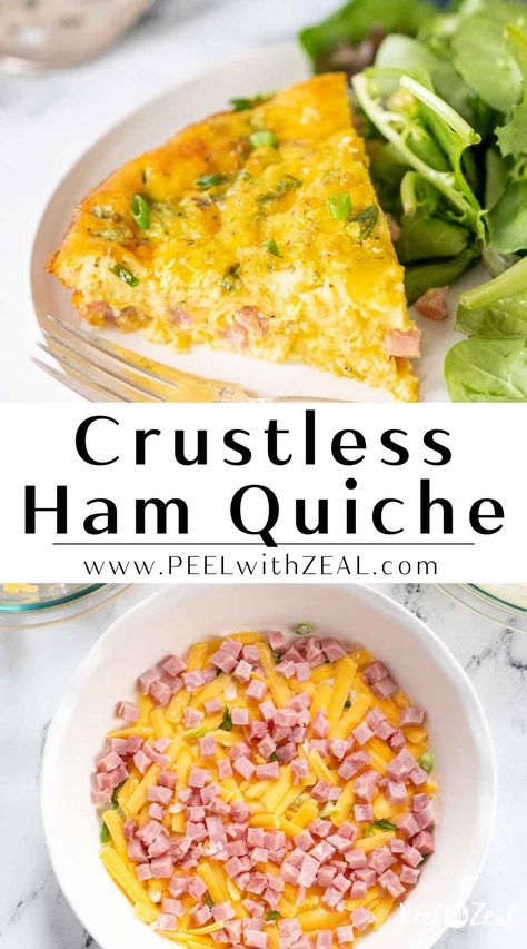 Ham and Cheese Crustless Quiche A delicious crustless quiche recipe with ham, a melty cheese blend, and green onions. This recipe is quick to prep and a great alternative to traditional quiche. Crust Free Quiche, Crustless Meat Lovers Quiche, Egg And Cheese Quiche Crustless, Ham And Cheese Crustless Quiche Recipes, Low Carb Brunch Recipes For A Crowd, Gluten Free Ham Recipes, High Protein Crustless Quiche, Gluten Free Quiche Crustless, Ham Quiche Recipes Crustless