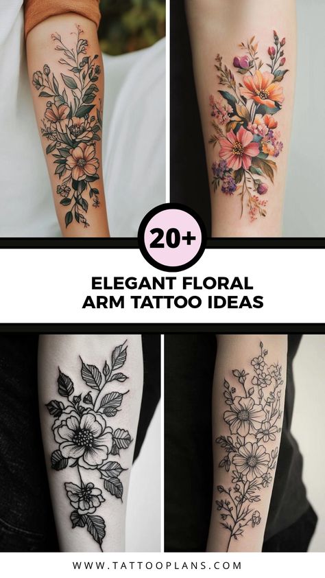 Elegant floral tattoo ideas for women's lower arm featuring various designs and inspirations. This pin showcases 4 beautiful floral tattoo images that represent femininity and style. Heather Flower Tattoo Ideas, Delicate Flower Bouquet Tattoo, Lily And Daisy Tattoo, Filler Flowers Tattoo, Forearm Tattoo Women Flowers, Wild Flowers Tattoo Design, Wild Flower Tattoo Designs, Flower Tattoo Placement Ideas, Feminine Flower Tattoos