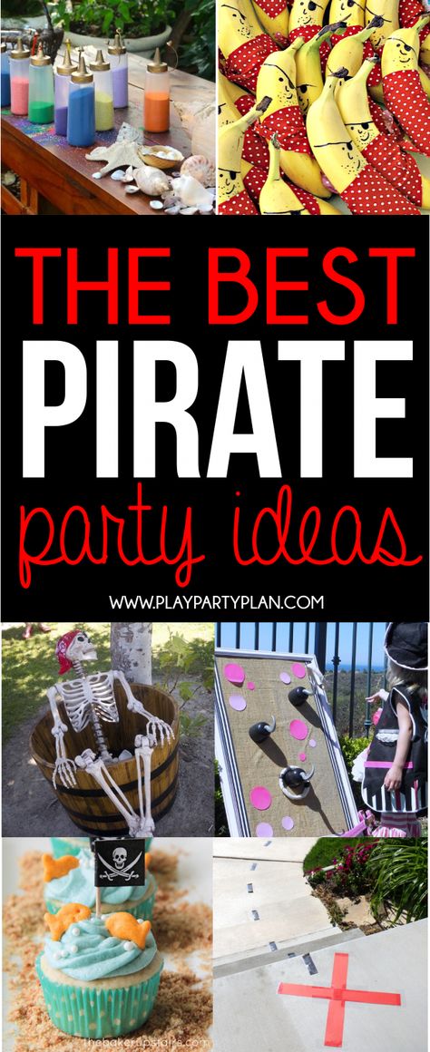 The ultimate collection of pirate party ideas! From ideas you can DIY to ideas you can buy, if you're planning a pirate party, these ideas are for you! Pirate food ideas, pirate game ideas, and more! Simple Pirate Birthday Party, Pirate Themed Party Games, Pirate Birthday Activities, Pirates Life For Three Birthday, Pirate Theme Party Favors, Pirate Party Ideas Decorating, Pirate Themed 4th Birthday Party, Pirate Theme Food Ideas, Pirate Themed Birthday Party Food