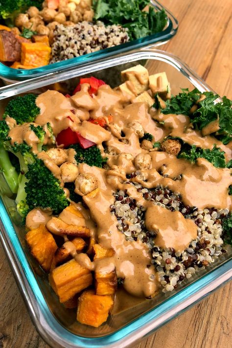 Buddha Bowl Meal Prep, Tofu Sweet Potato, Tofu Chickpea, Sweet Potato Tofu, Vegan Macros, Chickpea Broccoli, Glory Bowl, Vegan Recipes Broccoli, Bowl Meal Prep