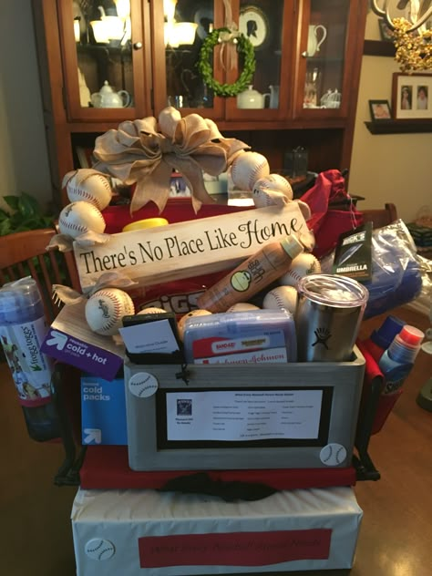 Baseball Silent Auction Ideas, Baseball Silent Auction Basket, Baseball Themed Raffle Basket, Baseball Raffle Basket Ideas Fundraising, Baseball Auction Basket Ideas, Softball Raffle Basket Ideas, Baseball Mom Gift Basket, Baseball Raffle Basket, Baseball Raffle Basket Ideas