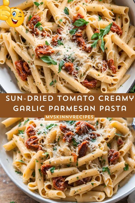 Indulge in this creamy and flavorful Sun-Dried Tomato Garlic Parmesan Pasta! Quick and easy to make, it's a perfect weeknight dinner for pasta lovers. Serve hot with a sprinkle of fresh herbs for a delightful meal #myskinnyrecipes Sun Dried Tomato Alfredo Sauce, Sun Dried Tomatoes Pasta, Tomato Parmesan Pasta, Pasta Parmesan Recipes, Pasta With Sun Dried Tomatoes Recipes, Pasta With Sundried Tomatoes, Sun Dried Tomato Pasta Salad, Sun Dried Tomatoes Recipes, Easy Pasta Recipes Vegetarian