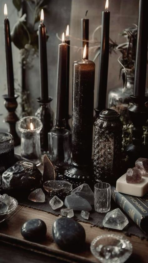 Moody Crystal Aesthetic, Gothic Candle Aesthetic, Ritual Aesthetic Dark, Dark Witch Altar, Goth Lifestyle Aesthetic, Witchy Table Decor, Tarot Aesthetic Dark, Witch Poetry, Gothic Christmas Aesthetic