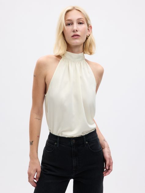 Satin Halter Top | Gap Halter Tops Outfit, Classic Summer Outfits, Vintage Construction, Halter Neck Blouses, Silk Halter Top, White Halter Top, High Neck Halter, Top Halter, Halter Neck Top