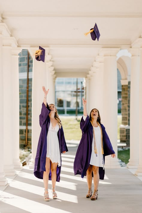 James Madison University cap and gown grad session seniors session graduation champagne pop JMU virginia graduation party richmond virginia grad Graduation Photoshoot Best Friends, Graduation Poses With Best Friend, Grad Gown Photos, Graduation Pictures With Sister, Two People Graduation Pictures, Friend Cap And Gown Pictures, Jmu Graduation Pictures, Sisters Graduation Pictures, Best Friend Cap And Gown Pictures